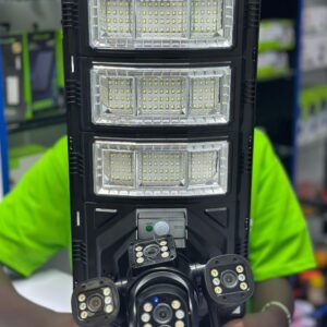 VC23 triple 4G lens solar CCTV camera with streetlight installed outdoors showing smart 360 degree security monitoring